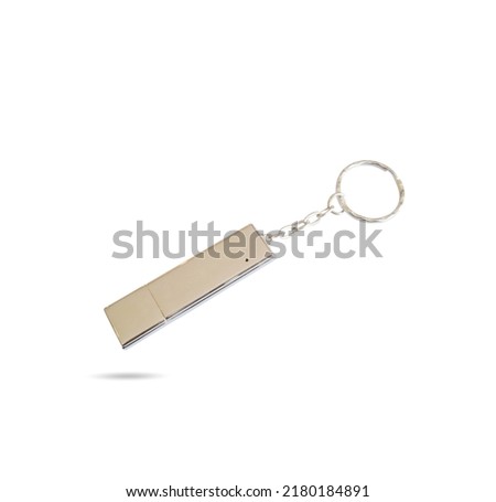 USB flash drive mockup isolated on branding background. Clean template blank gold metal surface. USB flash drive with keychain and key ring. Royalty-Free Stock Photo #2180184891