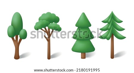 3d trees isolated on white background. Set of Volumetric images of plants. Garden, forest and park green tree. Vector illustration.