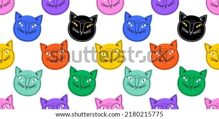 Funny cat animal cartoon seamless pattern in colorful flat illustration style. Cute kitten pet background, diverse domestic cats wallpaper.