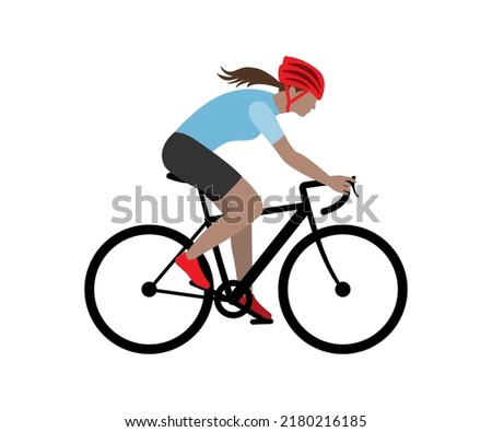 Female cyclist riding a race bike, vector illustration.
