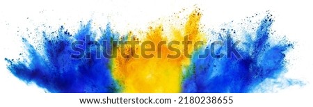 colorful blue yellow blue swedish scandinavian  flag  color holi paint powder explosion on isolated background. Sweden colors celebration soccer fans travel tourism concept Royalty-Free Stock Photo #2180238655