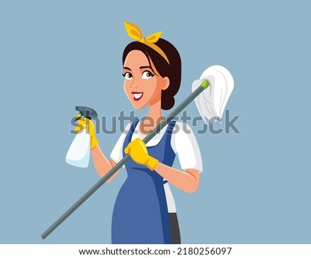 
Professional Cleaner with a Sanitizing Spray and a Mop Vector Illustration. Lady working as housekeeper keeping everything tidy and clean
 Royalty-Free Stock Photo #2180256097