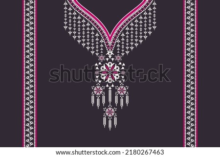 Vector ethnic neckline embroidery geometric flower shape pink color design with border on black background. Feminine tribal art fashion for shirts.