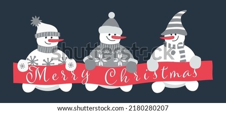 snowmen holding poster 'Merry Christmas'. Happy Holidays greeting card template. Three different snowmen in gray winter clothes. Vector illustration