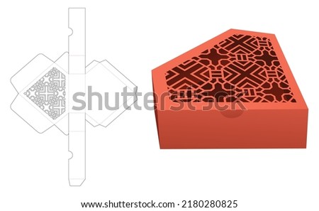 Diamond shaped flip box with stenciled pattern die cut template and 3D mockup