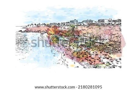 Building view with landmark of Nerja is the 
town in Spain. Watercolor splash with hand drawn sketch illustration in vector.
