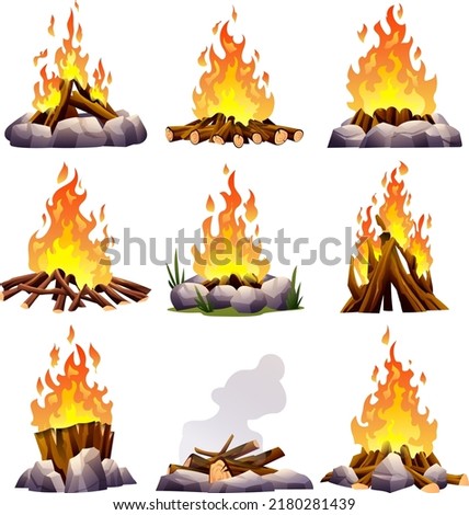 Fireplace bonfire or campfire in different types. Firewood flames cartoon vector illustration Royalty-Free Stock Photo #2180281439