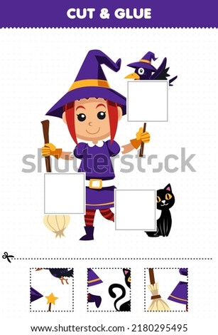 Education game for children cut and glue cut parts of cute cartoon witch costume and glue them halloween printable worksheet