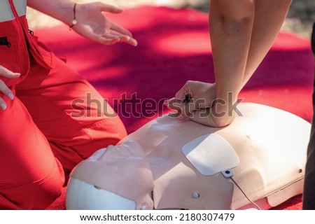 CPR Medical Training, Reanimation Procedure on CPR Doll Royalty-Free Stock Photo #2180307479