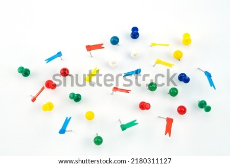 Set of colorful color push pins Thumbtacks. top view isolated on white background Royalty-Free Stock Photo #2180311127