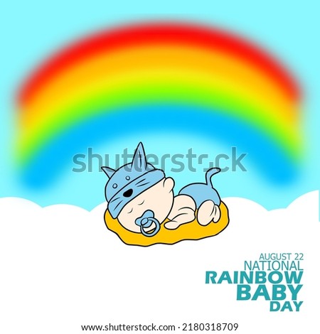 Illustration of a baby sleeping on a cloud with a beautiful rainbow and bold text on light blue background to celebrate National Rainbow Baby Day August 22
