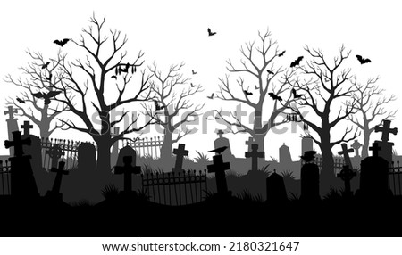 Old cemetery silhouette, abandoned graveyard in Halloween night, vector background. Scary spooky cemetery with graves, gravestones and tombstones with bats on trees and fog mist sky Royalty-Free Stock Photo #2180321647