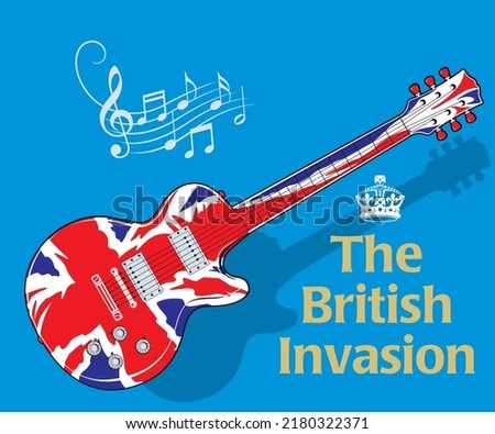 Electric Guitar shape with Union Jack flag design to symbolise the era in music when British Pop and Rock bands established themselves on the USA music scene during the 1960s.