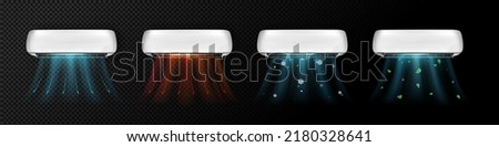 Air conditioner with cold and warm wind waves, refreshing and purifier conditioning effect. Electronic modern appliance for controlling temperature and climate in room Realistic 3d vector illustration Royalty-Free Stock Photo #2180328641