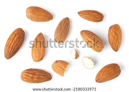Almond nut isolated on white background. Set of raw almond seed. Top view