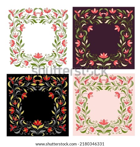 A set of four square frames with flowers and leaves. Delicate frames for postcards, greeting cards, flyers, posters. Vector illustration
