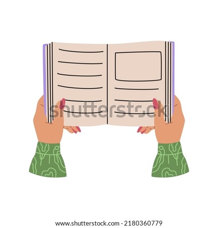 Female hands holding an open book. Read more books concept. Hand drawn vector illustration isolated on white background. Modern flat cartoon style.