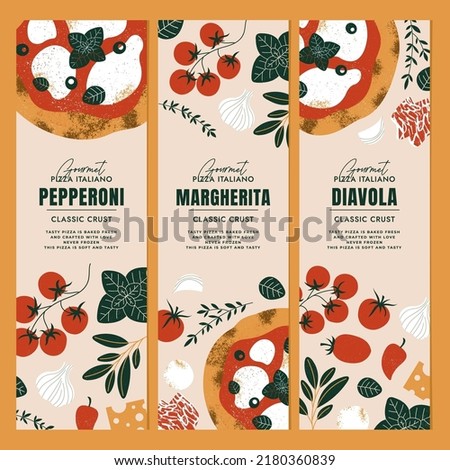 Italian pizza design collection. Pizza vertical banners with tomatoes and mozzarella. Vector illustration.