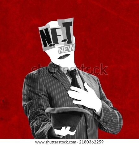 Contemporary art collage. Faceless silhouette of man with NFT lettering on face isolated red background. Earning money. Concept of business, network, Internet, virtual money, technology, cyberspace