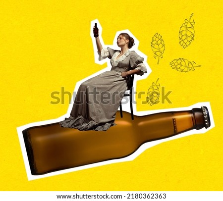 Young woman on big beer bottle. Contemporary art collage. magazine style design. Concept of festival, holidays, party, beer, drinks and snacks, oktoberfest, ad and sales.