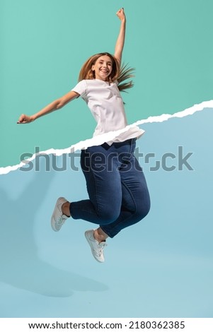 Happiness, win, success. Creative art collage with young slim girl and plus-size woman jumping isolated on blue-green background. Weight loss, fitness, healthy eating, motivation concept. Royalty-Free Stock Photo #2180362385