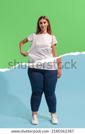 Before and after. Creative art collage with young slim girl and plus-size woman isolated on blue-green background. Weight loss, fitness, healthy eating, motivation concept. Royalty-Free Stock Photo #2180362387