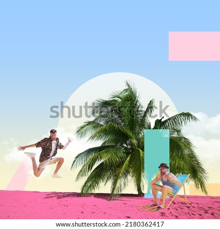 Contemporary art collage. Bearded man in swimsuit enjoying summer vacation, drinking cocktail on beach and cheerful young boy jumping. Concept of creativity, surrealism, retro style, imagination.