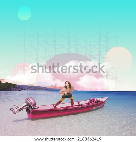 Contemporary art collage. Colorful design with stylish young girl floating on boat into ocean. Music enjoyment. Concept of creativity, surrealism, retro style, imagination, vacation. Poster, ad