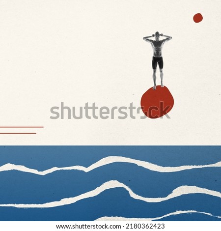 Creative collage. Minimalism. Male swimmer getting ready to jump isolated over light background with geometric elements. Modern design. Sport, competition concept. Summer water sports.