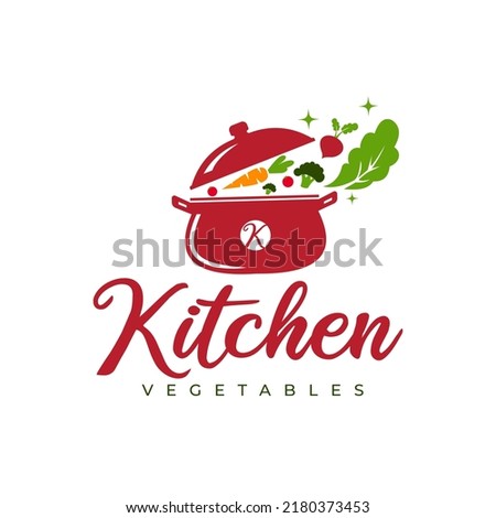 Home kitchen logo with pot full of vegetables and healthy vitamins. Cooking with logo design ideas. Fun symbol idea with cabbage, carrot, onion, tomato ingredients. Vector icon. Royalty-Free Stock Photo #2180373453