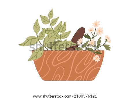Healing herbs in mortar with pestle. Herbal and floral plants in wood bowl for grinding. Organic natural folk medicine from flower, leaf. Flat vector illustration isolated on white background Royalty-Free Stock Photo #2180376121