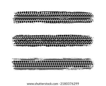 Auto tire tread grunge set. Car and motorcycle tire pattern, wheel tyre tread track. Black tyre print. Vector illustration isolated on white background.