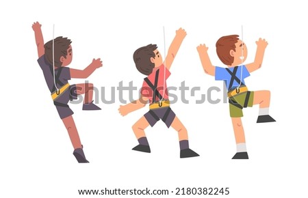Little Boy Climbing Steep Rock or Wall with Harness Rope Engaged in Bouldering Training Vector Set