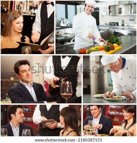Collage of chefs, waiters and customers in a restaurant