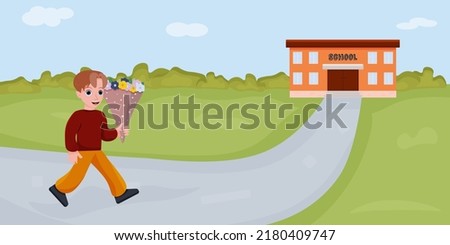Vector school. Knowledge Day. Back to school.   Vector illustration.  Student goes to school. A first grader goes to school. A boy with flower.
