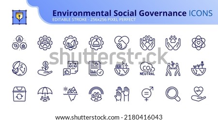 Line icons Environmental Social Governance. Contains such icons as climate crisis, sustainable development, diversity, human rights and responsible investment. Editable stroke Vector 256 pixel perfect Royalty-Free Stock Photo #2180416043
