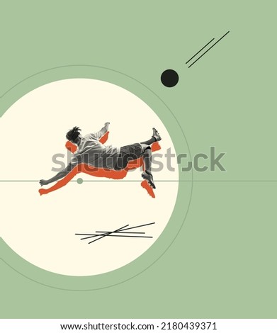 Contemporary art collage. Creative design. Young man, football player in motion, kicking ball in a jump isolated on green background. Concept of creativity, action, energy, sport, competition and ad. Royalty-Free Stock Photo #2180439371