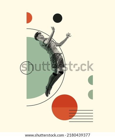 Contemporary art collage. Creative design with young man, football player in motion, training. Kicking ball with chest. Concept of creativity, action, energy, sport, competition and ad. Poster, flyer Royalty-Free Stock Photo #2180439377