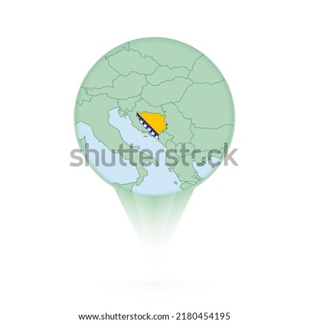 Bosnia and Herzegovina map, stylish location icon with Bosnia and Herzegovina map and flag. Green pin icon.