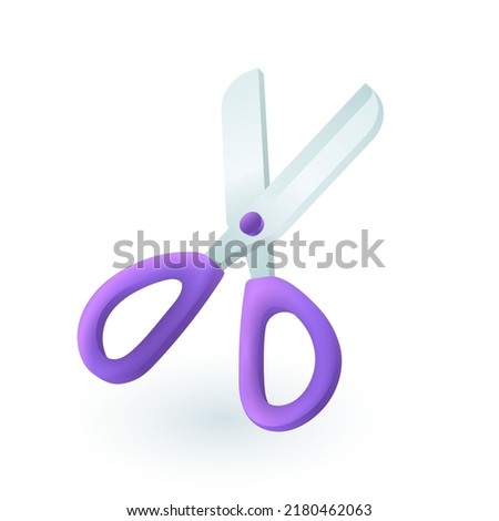 Purple scissors for school, office or workshop 3D icon. Tool for creative work or hobby 3D vector illustration on white background. Stationery, education, creativity concept