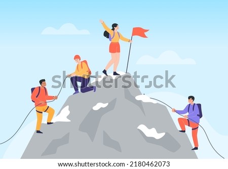 Woman and men climbing rope on snow mountain. Team of climbers with flag on summit, top or peak of rock, helping each other flat vector illustration. Hiking, success, extreme sport concept