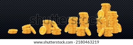 Set of realistic golden coins pile. Different Stacks of gold money, cash or treasure. Bank and finance. Investment, profit or gain. Copy space. 3d vector collection isolated on transparent background Royalty-Free Stock Photo #2180463219