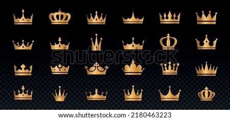 Set of golden crowns. Beautiful elegant tiaras for queen and king. Design elements for social media, print or logos. Copy space. Realistic 3D vector collection isolated on transparent background