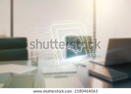 Double exposure of creative human brain microcircuit and modern desk with computer on background. Future technology and AI concept