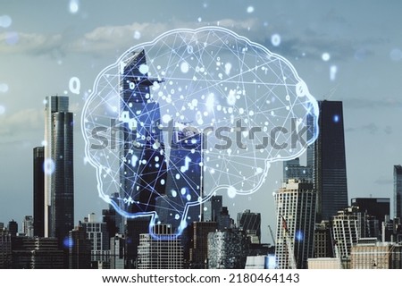 Virtual creative artificial Intelligence hologram with human brain sketch on New York cityscape background. Double exposure