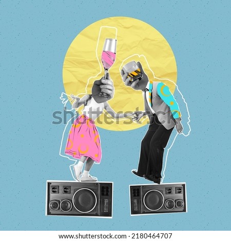 Contemporary art collage. Creative design. Young couple dancing on vintage music player isolated on blue background. Cheers. Concept of creativity, retro style, party, fun. Copy space for ad