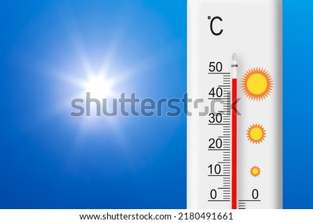 Celsius scale thermometer shows plus 48 degrees . Yellow sun in blue sky. Summer heat