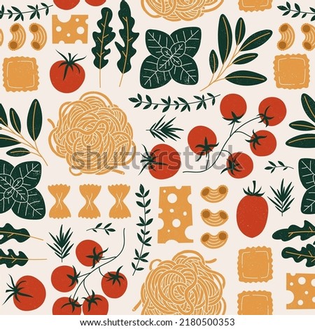 Italian pasta ingredients. Spaghetti and ravioli background. Food seamless pattern. Vector illustration.