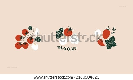 Tomato and basil with mozzarella cheese balls. Food collection. Vector illustration. Royalty-Free Stock Photo #2180504621