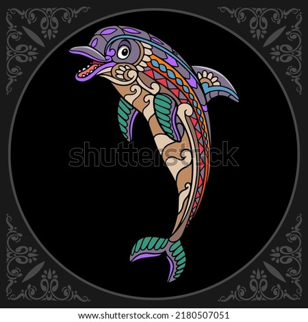 Colorful dolphin zentangle arts isolated on black background